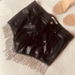 12th Tribe Black High-Waist Faux Leather Fringe Shorts with Silver Beading